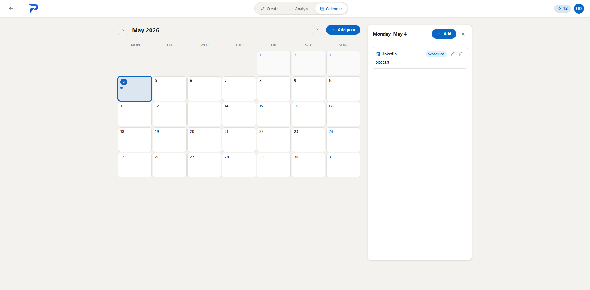 Postinity Calendar